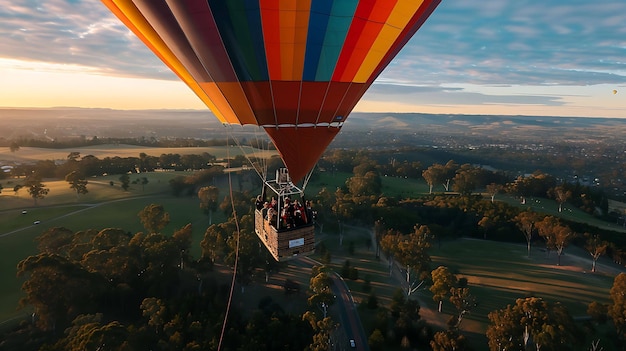 A hot air balloon floats over a picturesque landscape The balloon is brightly colored and the sky is clear