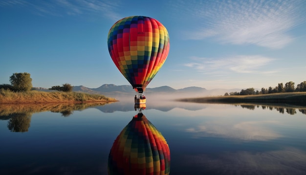 Hot air balloon floats over vibrant landscape generated by AI