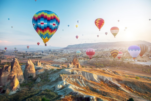 Hot air balloon flying over Cappadocia Turkey