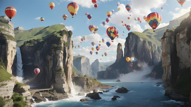 hot air balloon flying on a cliff