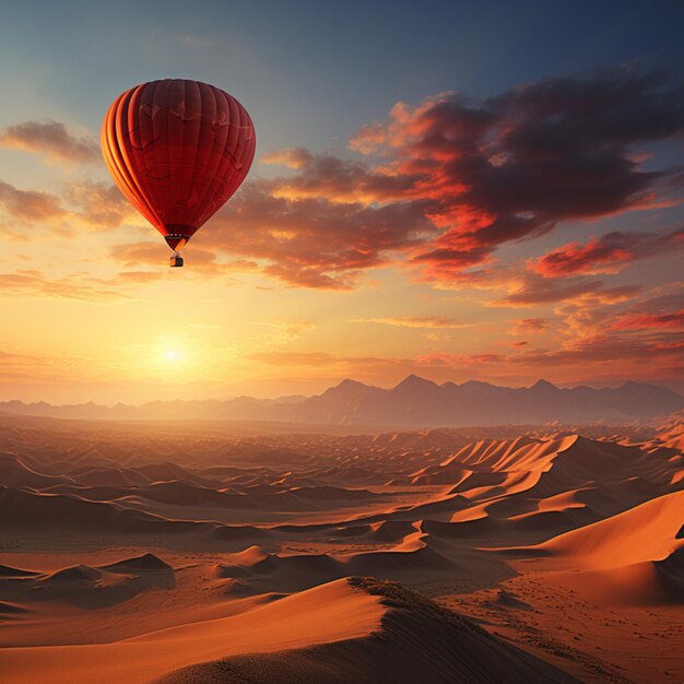 A hot air balloon flying over the desert at sunset.