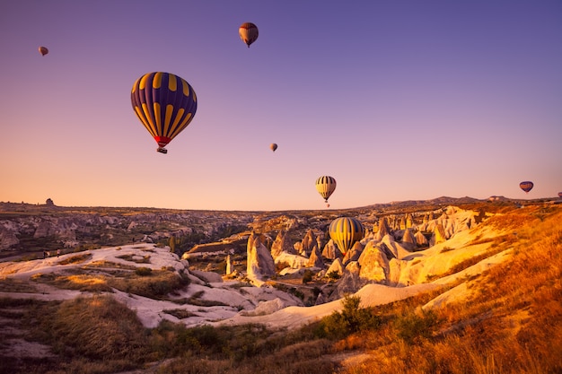 Hot air balloon flying over a field