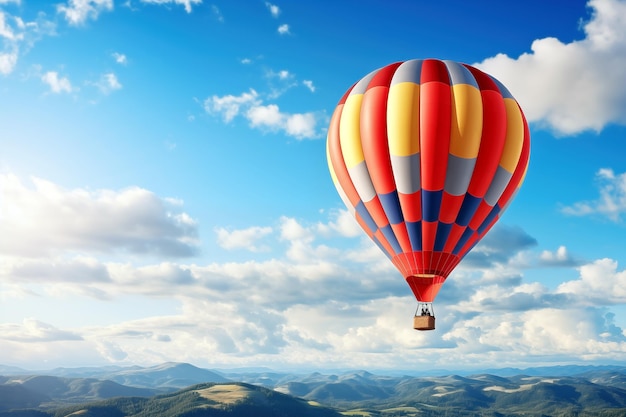 Foto palloncino ad aria calda che vola in alto nel cielo blu sfondio con messa a fuoco selettiva e spazio di copia