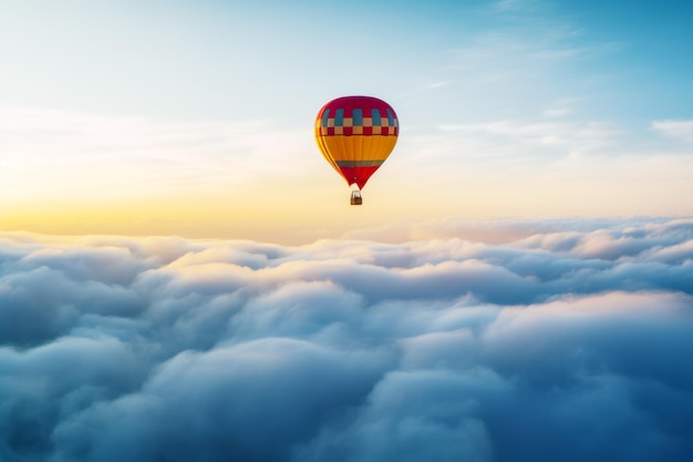 Hot air balloon flying high above the clouds in blue and yellow sky generative ai