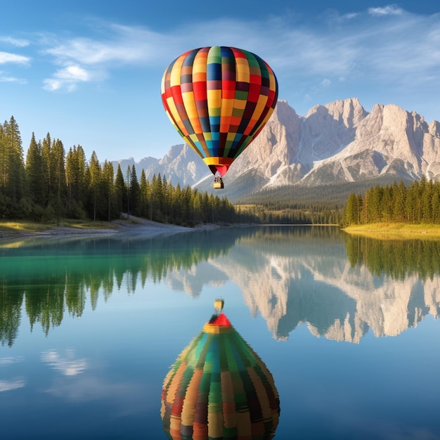 hot air balloon flying over a lake