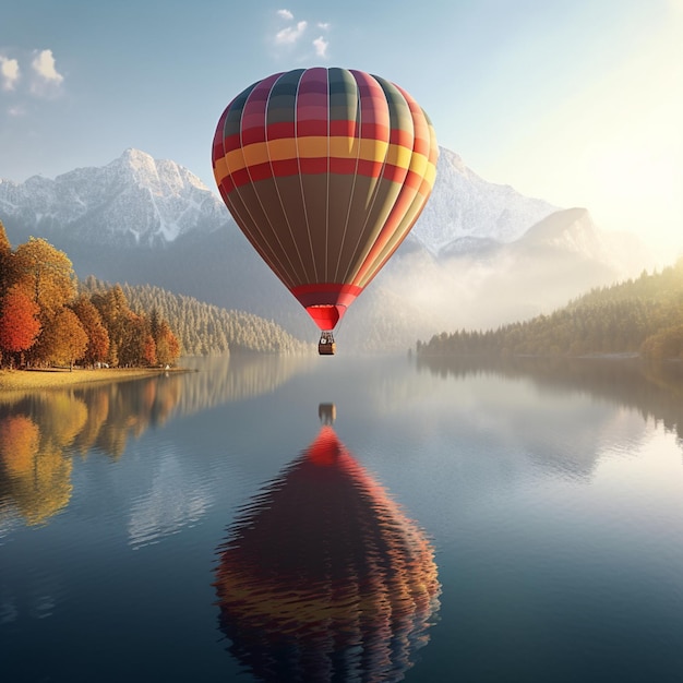 湖の上を飛ぶ熱気球