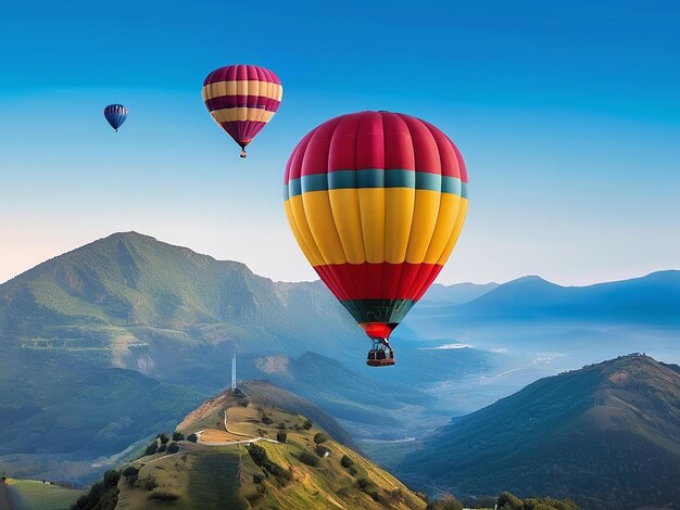 Hot air balloon flying over mountain an adventurous landscape