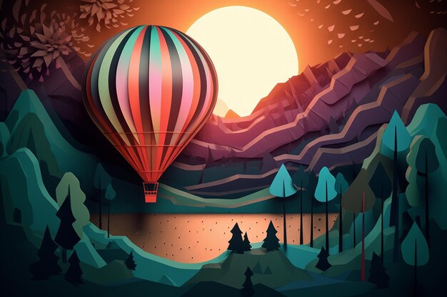 山の風景の上を飛ぶ熱気球。