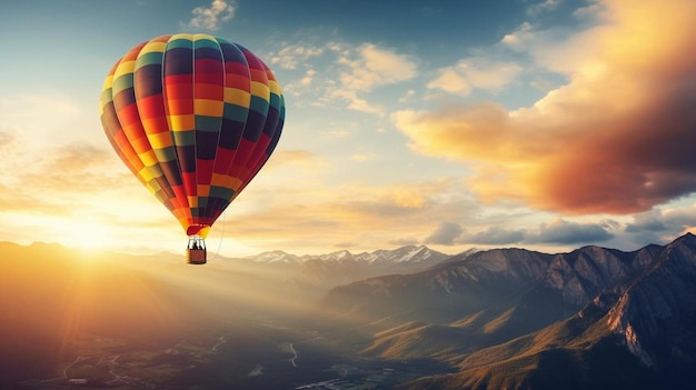 a hot air balloon flying over a mountain range