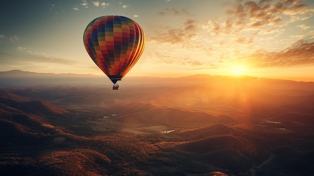 Hot air balloon flying over a mountain at sunsetgenerative ai