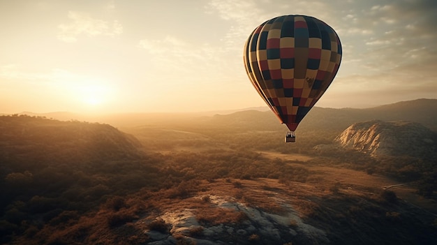 Foto mongolfiera che sorvola una montagna al tramontogenerativo ai