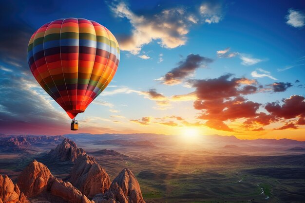 Photo hot air balloon flying over the mountains into the sunset generative ai