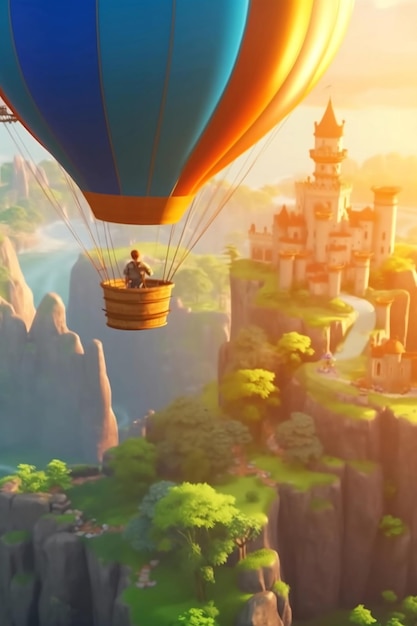 Hot air balloon flying above mountains to old castle scenery fantasy faitytale sunset sky landscape