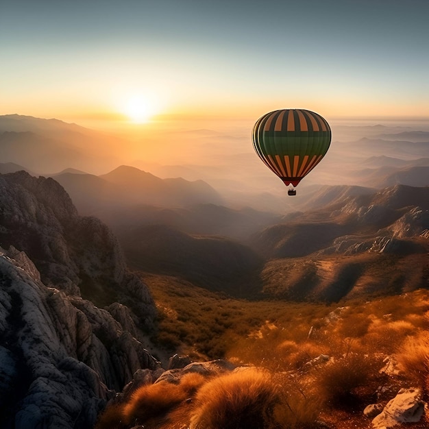 Hot air balloon flying over the mountains at sunrise 3d rendering