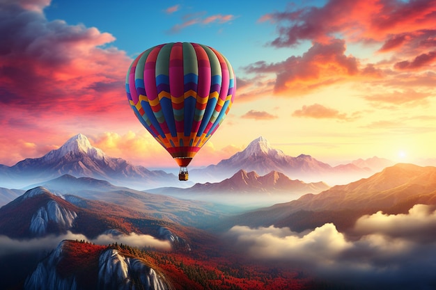 Hot air balloon flying over the mountains Vector illustration of a fantasy landscape