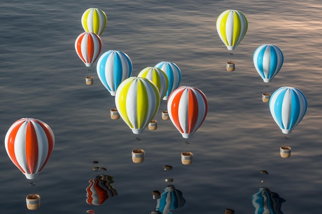 Foto mongolfiera che sorvola il rendering 3d dell'oceano