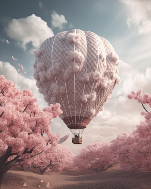A hot air balloon flying over a pink landscape