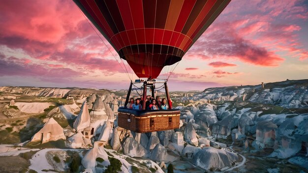 Photo hot air balloon flying over rock landscape at turkey cappadocia