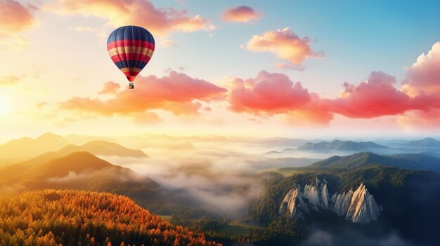 Foto palloncino ad aria calda che vola nel cielo paesaggio estivo colorato generato ai