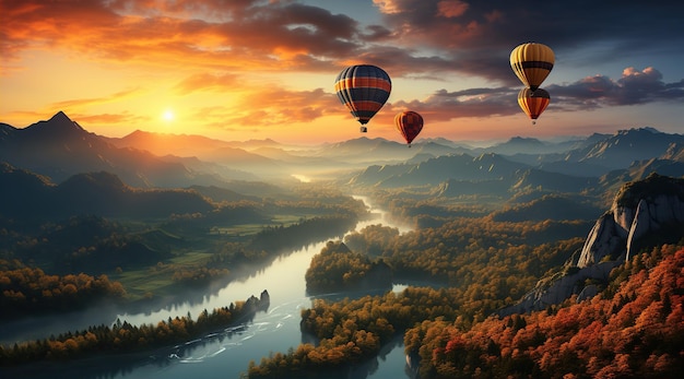 Hot air balloon flying over spectacular valley