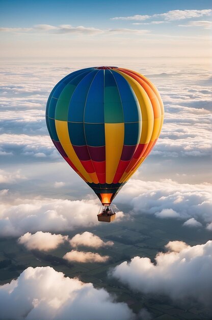 A hot air balloon flying through the clouds