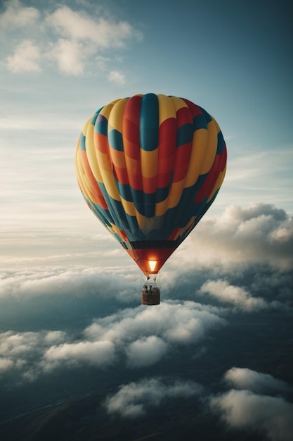 A hot air balloon flying through the clouds