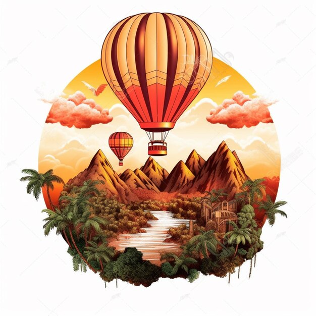 a hot air balloon flying over a tropical island with palm trees and mountains generative ai