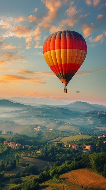 a hot air balloon flying over a valley with houses and mountains in the background