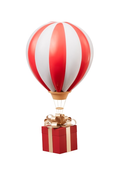 Hot air balloon and gift box 3d rendering