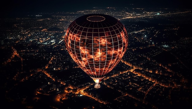 Hot air balloon glows over city skyline generated by AI