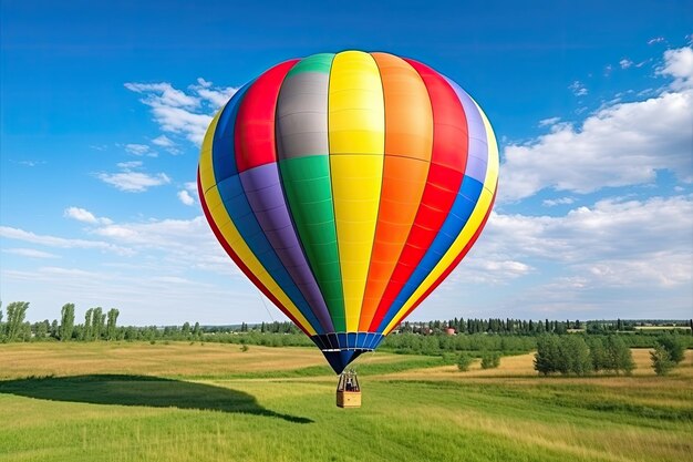 Hot air balloon on the green farm on the blue sky background