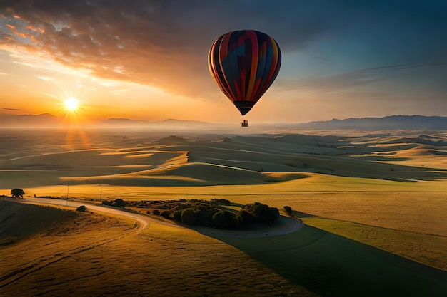 Hot air balloon over the hills at sunset