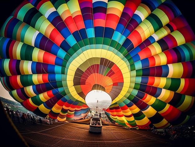 A hot air balloon is being inflated with the word hot air.