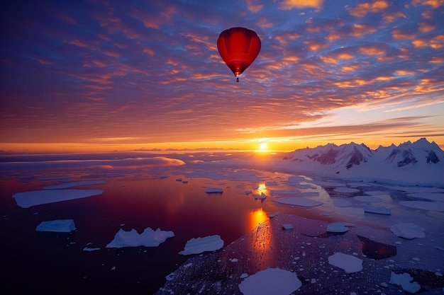 A hot air balloon is flying over a beautiful