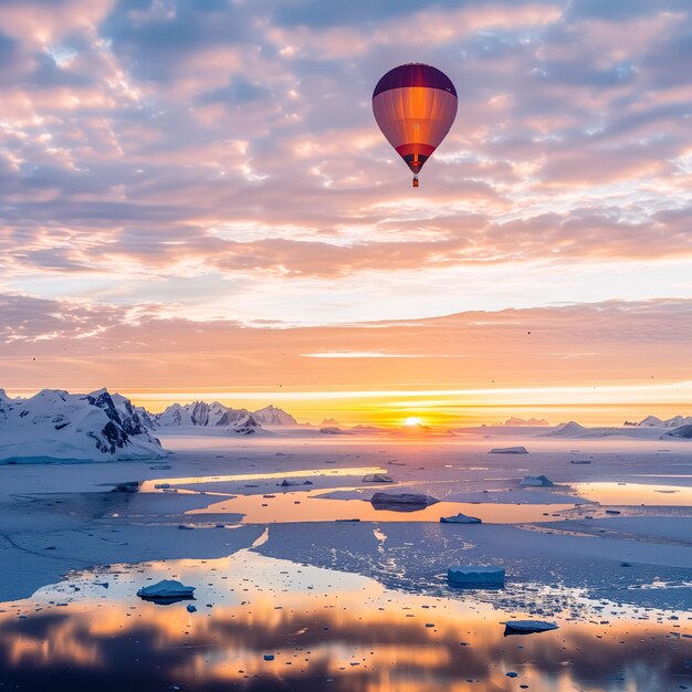 A hot air balloon is flying over a frozen ocean