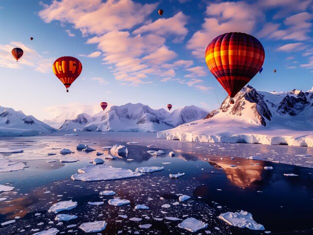 A hot air balloon is flying over a frozen ocean