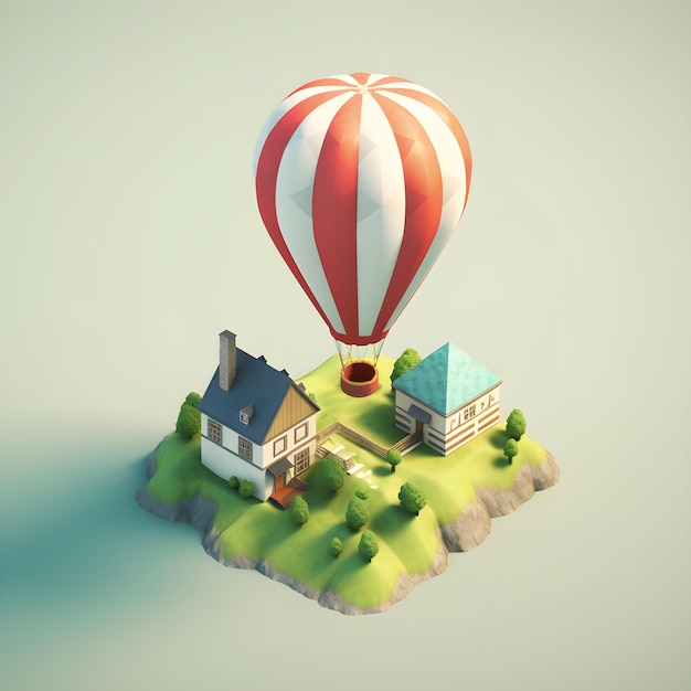 A hot air balloon is flying over a small town with houses and trees.