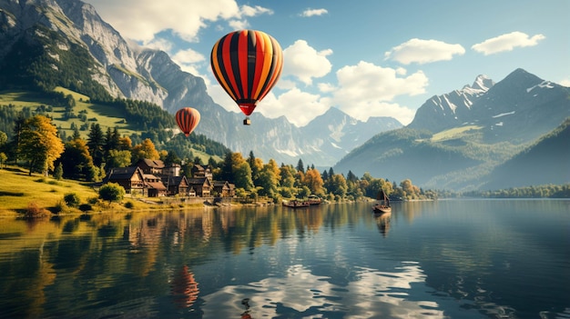 Hot air balloon landscape in sunset moment