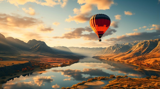 Hot air balloon landscape in sunset moment