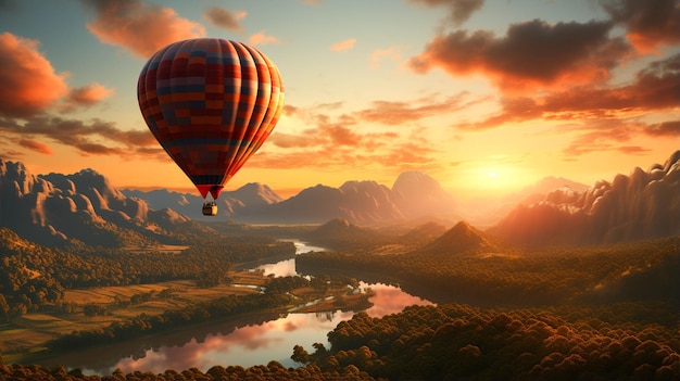 Hot air balloon landscape in sunset moment