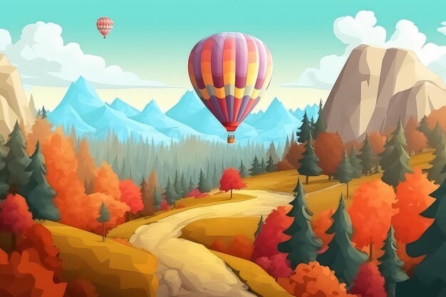 Hot air balloon over mountain autumn landscape