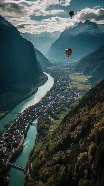 A hot air balloon over a mountain with a river in the background.