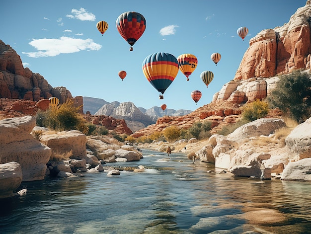 Hot air balloon in the mountains over the water Generative AI