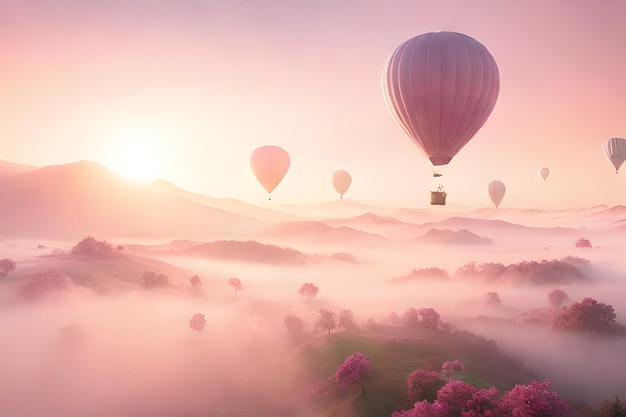 A hot air balloon in a pink sky with a pink background and a pink background.