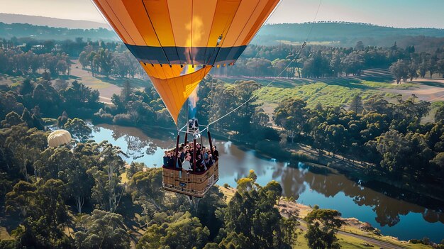 Hot air balloon ride over a beautiful landscape with a river and trees