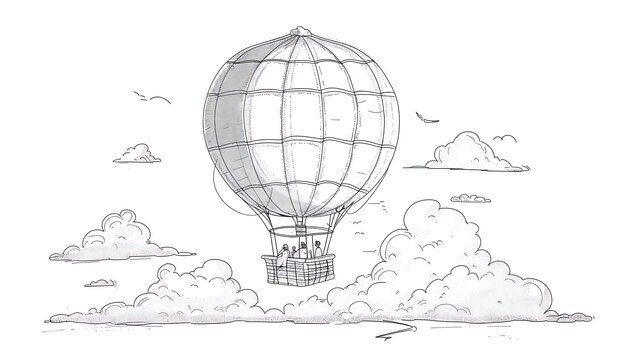 Hot air balloon ride over the clouds The balloon is carrying a basket with three people in it