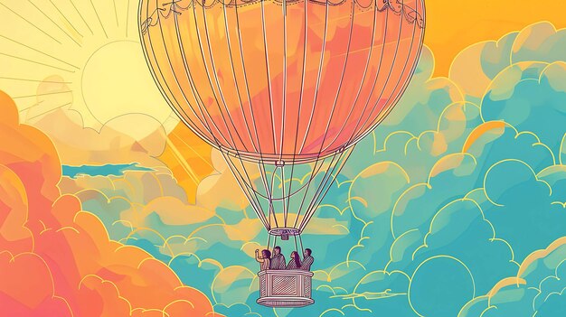 Photo hot air balloon ride over the clouds the balloon is orange and yellow and the sky is blue and white