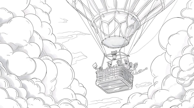 雲の上を熱気球で飛ぶ 友達のグループが熱気球に乗っている 熱気球からの景色は素晴らしい