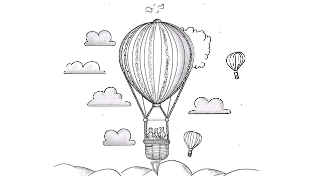 熱気球で山を飛ぶ風船は複雑なパターンで飾られ雲はふわふわで細かい