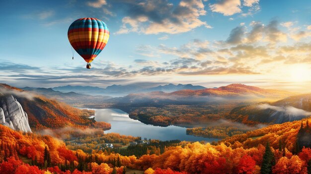 Hot air balloon over the river in sunset in autumn